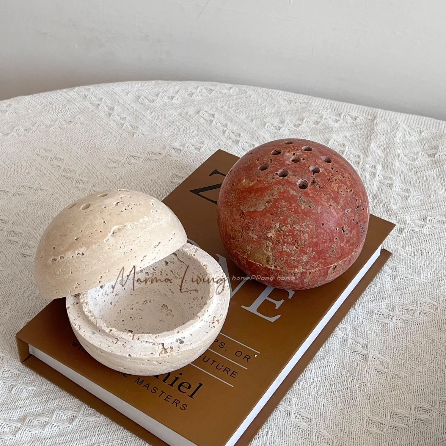 Natural Beige Travertine Marble Stone 9 Holes Sphere Incense Burner Arabian Mubkhar Wood Plate Container Tabletop Incense Holder