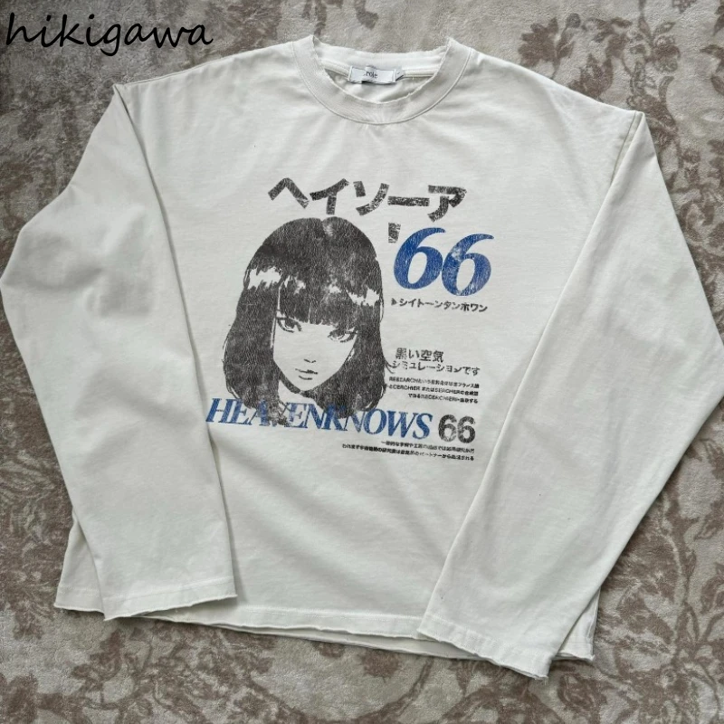 تي شيرت نسائي أبيض موديل 2025 بأكمام طويلة ورقبة دائرية تي شيرت غير رسمي أنيق ياباني Camisetas ملابس الشارع الشهير قميص قطني كبير الحجم