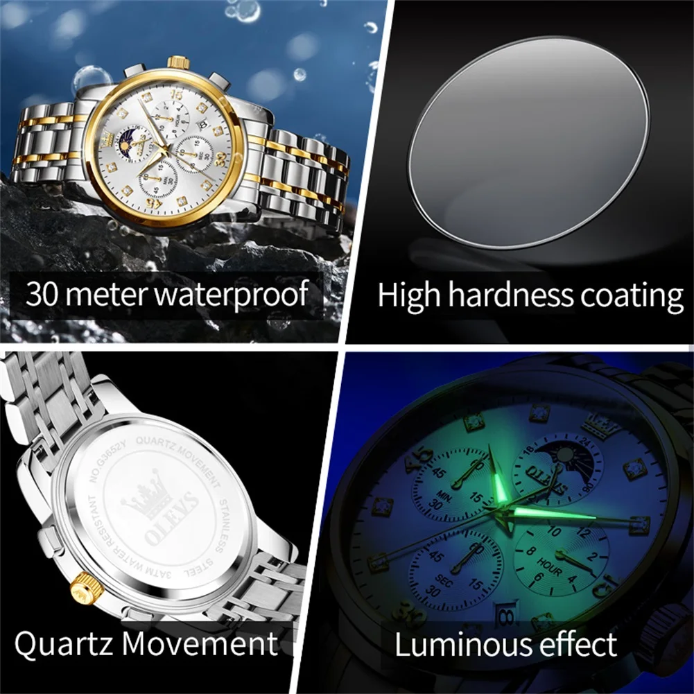 OLEVS Men's Watches 3652 Top Brand Business Fashion Original Quartz Watch for Man Multi-function Dial Waterproof Luminous Date