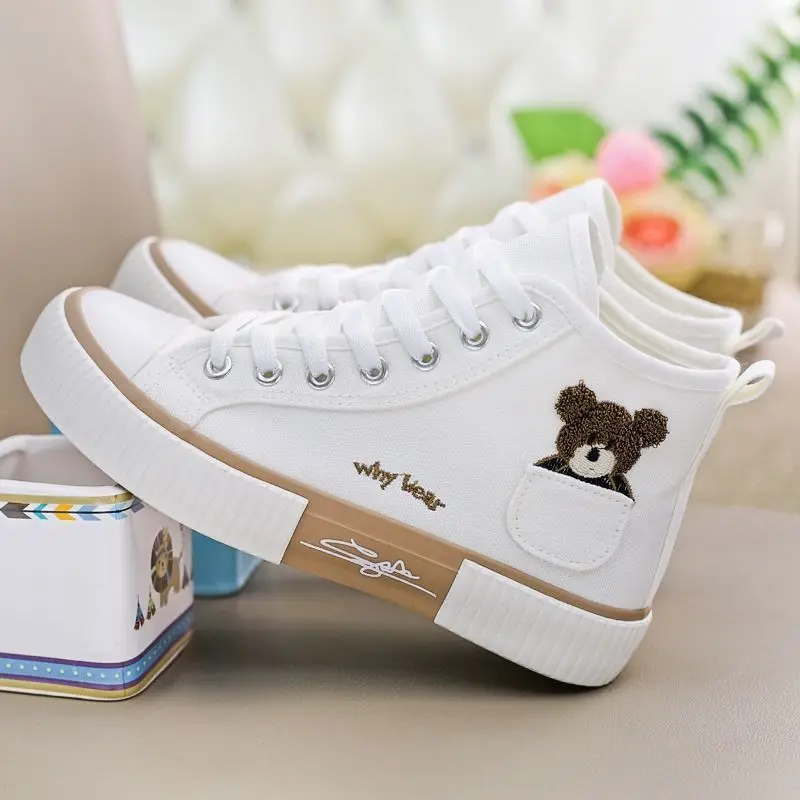 Women Flat Pocket Little Bear High Top Women Instagram Canvas Versatile Board Shoes 2023 New Women Shoes