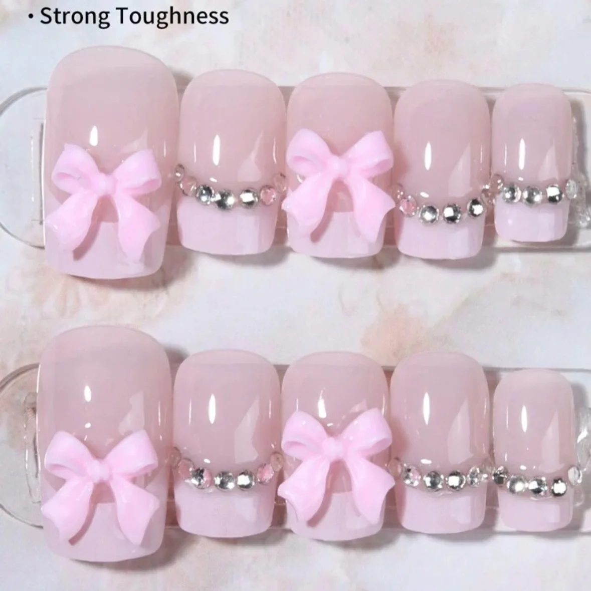 Black French Tips Fake Nails for Women Short Ballet Press On Nails Bowknot/Rhinestone Decor Full Cover Detachable False Nails