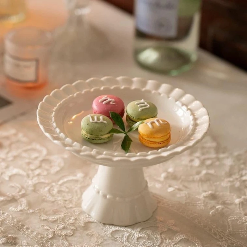 French Ceramic Medieval High-foot Plate, High-level Dessert Table Decoration Cake Dessert Plate,Cosmetic Jewelry Storage Tray