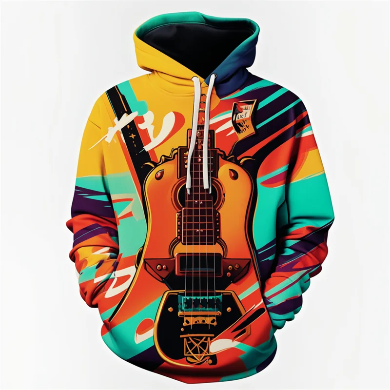 3D Print Vintage Musical Instruments Hoodie For Men Colorful Pattern Sweatshirt Fashion Pullover Street Hoodies Long Sleeve Tops