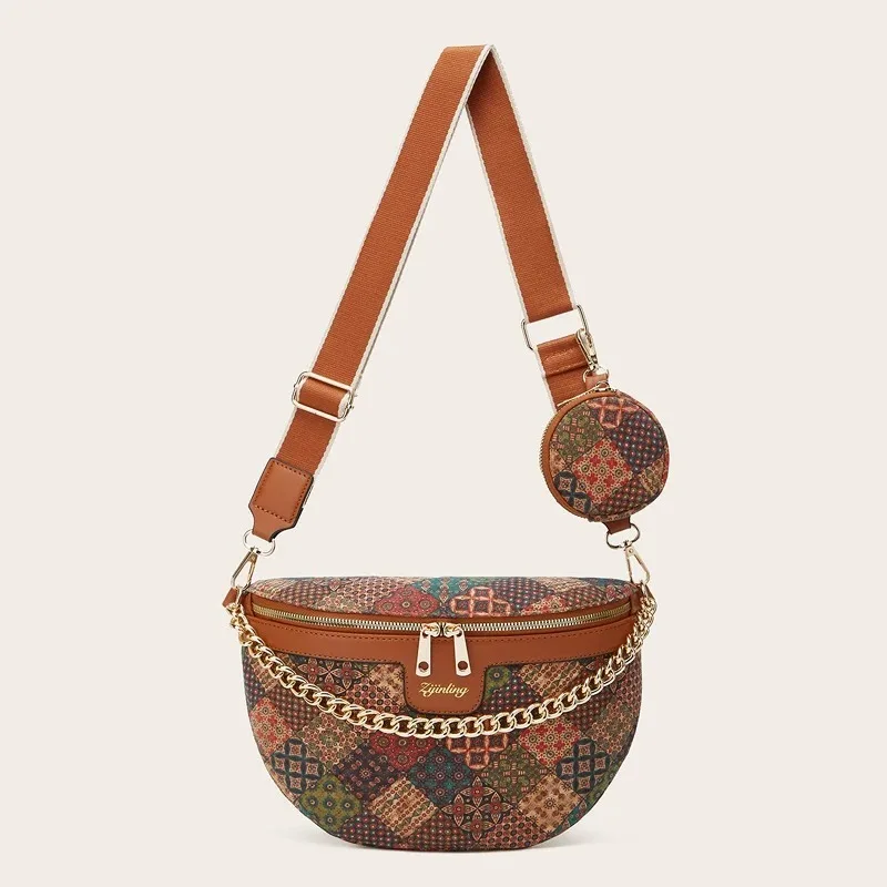

Women Fashionable Crossbody Bag Cork PU Half Moon Chest Bag Printed Niche Design with Coin Purses Versatile Waist Bag