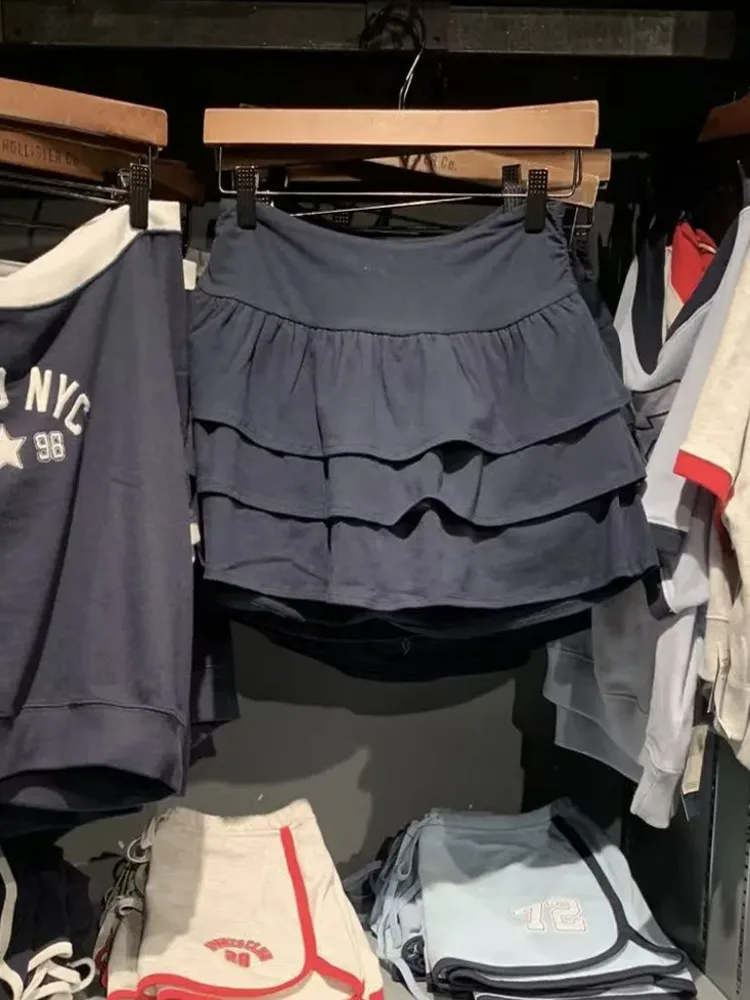 

Navy Tiered Mini Skirts For Women Elastic Waist Simple Vintage A-line Faldas Bottom Summer Casual Sweet Fashion Y2k Short Skirts