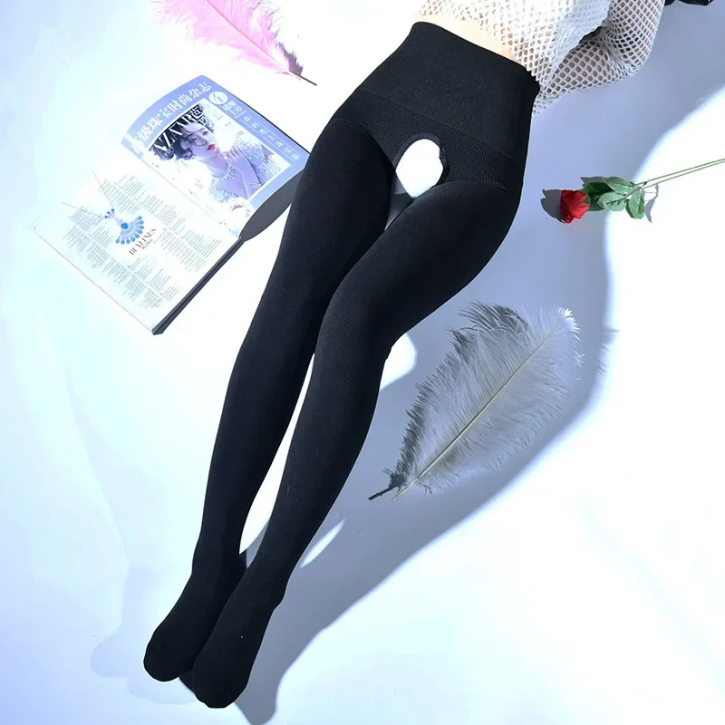 Pantimedias sexis con entrepierna abierta para mujer, mallas de cintura alta para Abdomen, gruesas, cálidas y ajustadas, medias largas de terciopelo para invierno