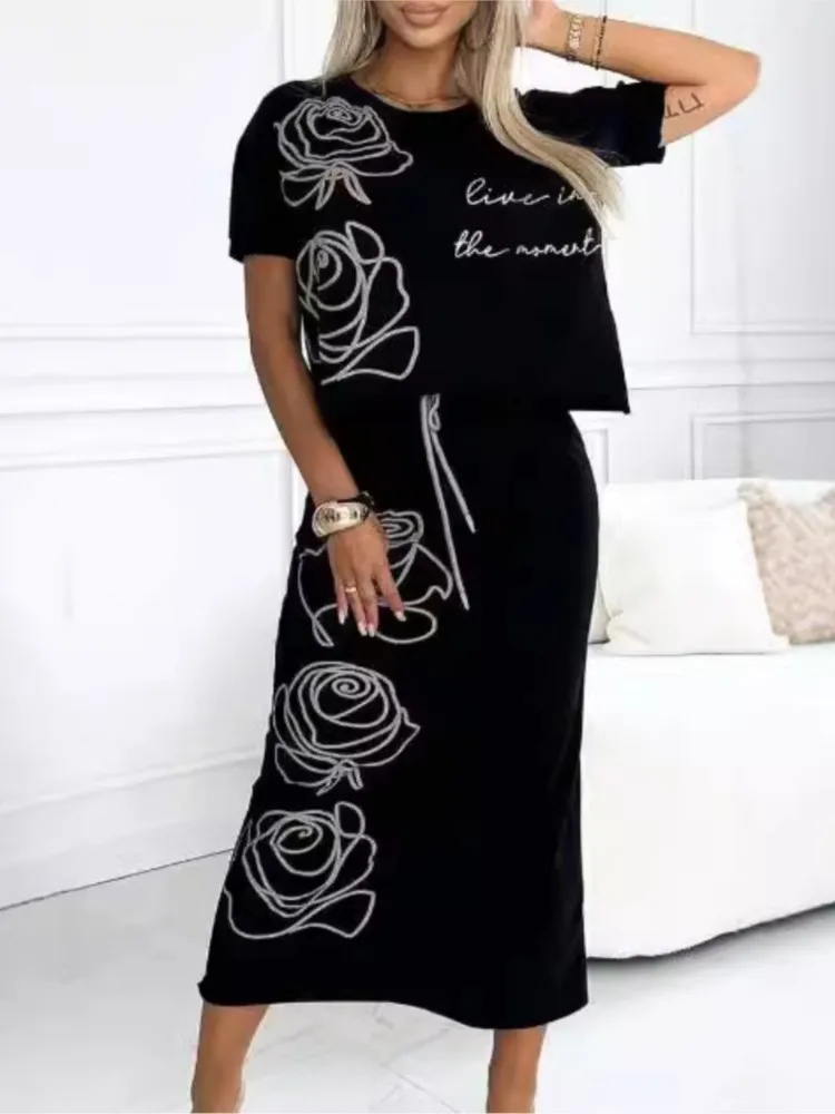 

Women Fashion Rose Flower Print Dress Two Piece Sets Short Sleeve T-shirt Tops And Lace-up Long Skirt Outfits Female Casual Set
