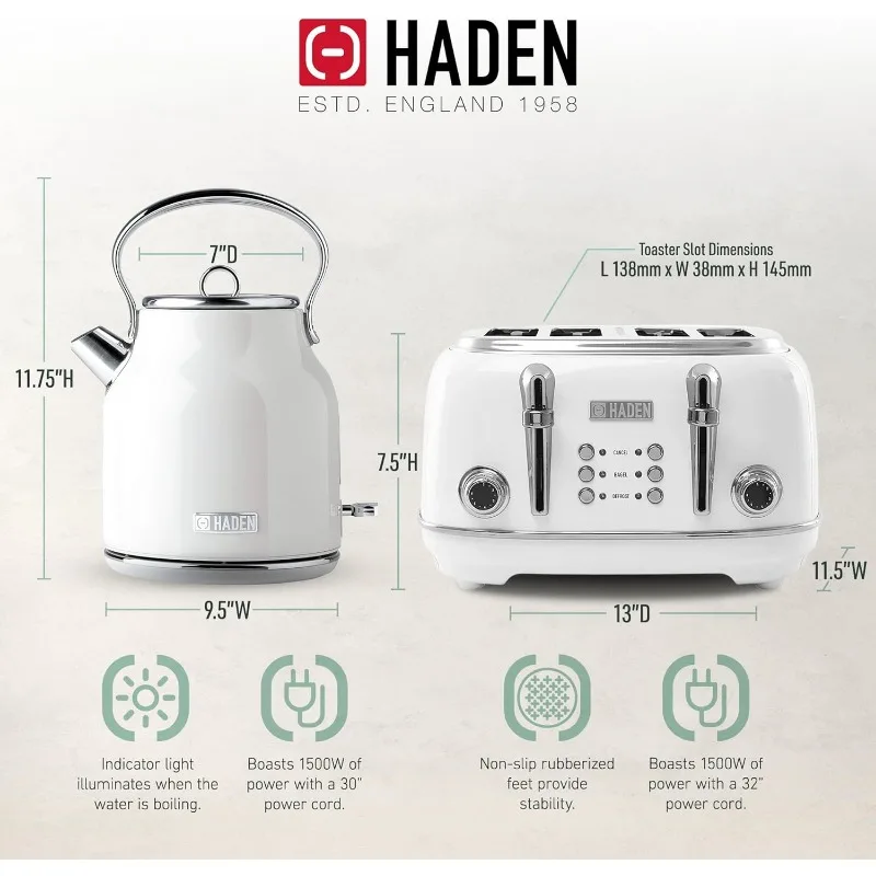 التراث الفولاذ المقاوم للصدأ الجسم الرجعية غلاية الشاي الكهربائية، الأبيض وHaden التراث 4 شرائح واسعة فتحة الفولاذ المقاوم للصدأ محمصة الرجعية