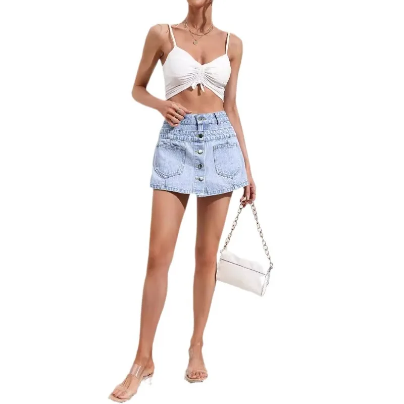 Mulheres verão 2023 Sexy Cintura Alta azul Botão Shorts Verão streetwear Cor Sólida Flap Bolso Belt Loop Culottes Adulto shorts