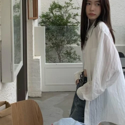 방수 셔츠 통근 한국 스타일 루즈핏 방수 긴팔 검정색 스트라이프 우아한 셔츠 상의 블라우스 여성복 셔츠 상의 블라우스 