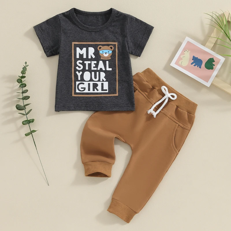 

Toddler Baby Boy Funny Spring Outfit Infant Mr Steal Your Girl Short Sleeve Shirt Jogger Pants 2 Pcs Clothes Set