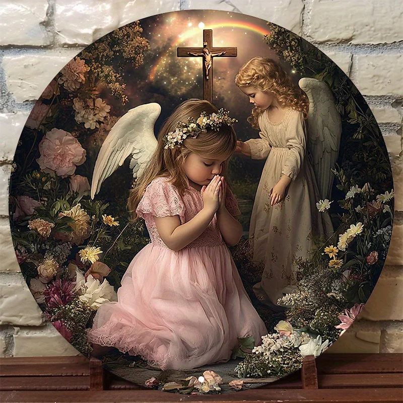 

Round Aluminum Metal Sign - Little Angel Praying With Cherubs & Cross Design, UV Resistant Scratch-Proof Rust-Pr