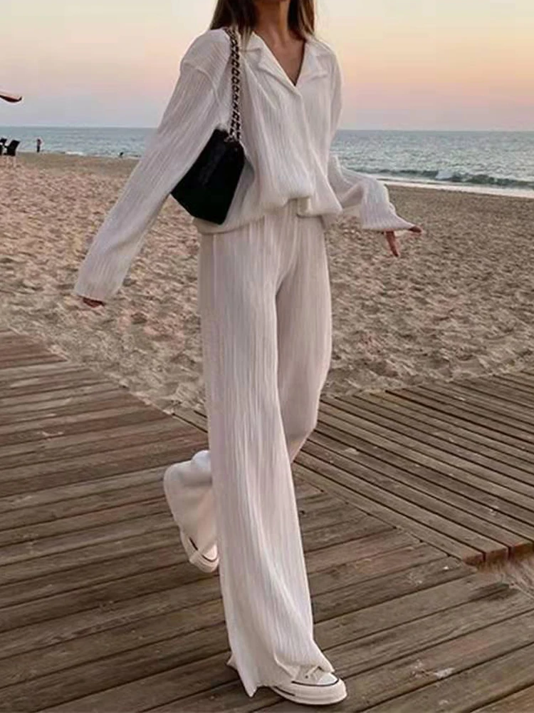 

Casual Pants Suits Women Button Up Shirt And High Wasit Pants Set Spring Autumn Ladies Pleated Elegant Loose 2 Piece Pant Sets