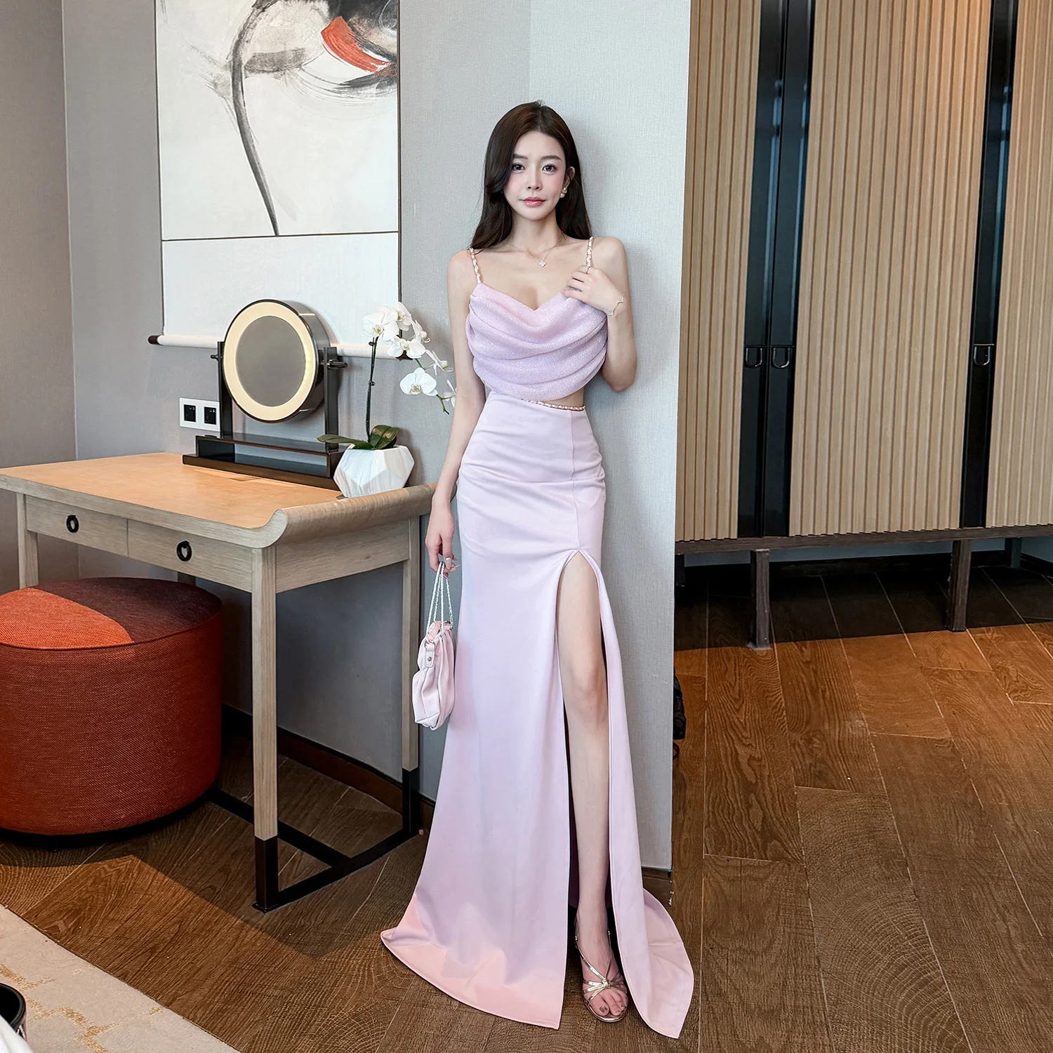

Sexy High Slit Floor Length Performance Gown Stage Show Dress Evening Party Hostess Floor Length Evening Gown Skirt