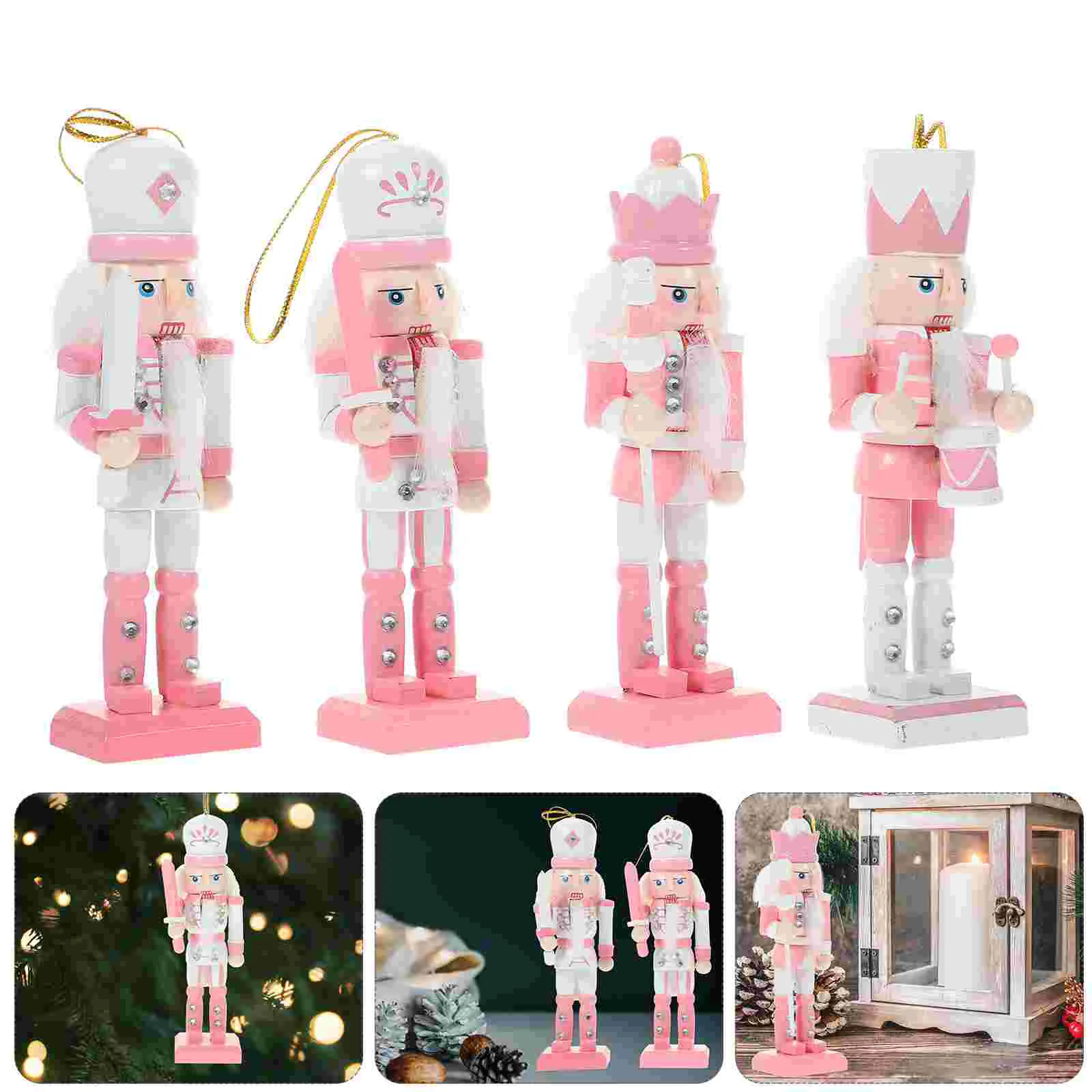 

4 Pcs Nutcracker Decor Pendant Christmas Wreath Set Pink Wood Xmas Outdoor Tree