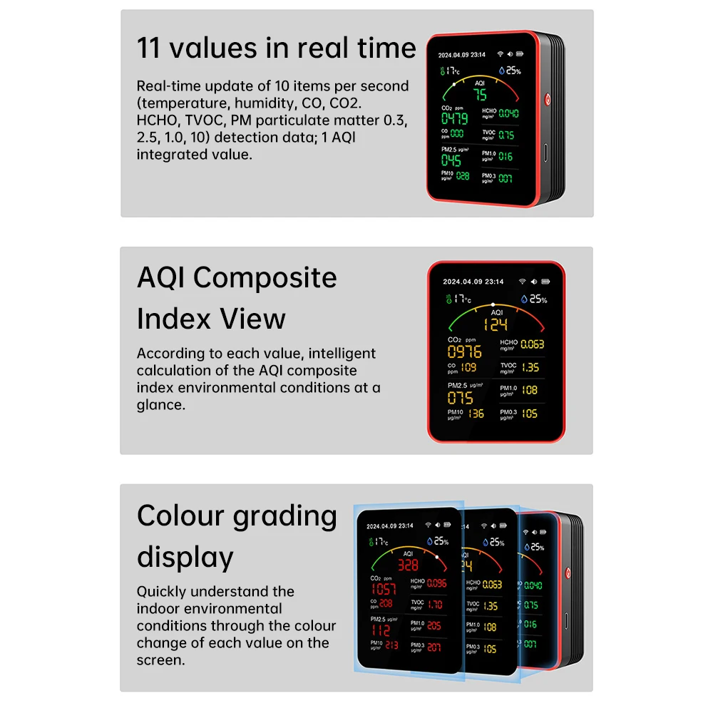 

Tuya WiFi 15 in 1 Air Quality Detector APP Control Portable AQI PM0.3 PM1.0 PM2.5 PM10 Tester Household CO CO2 TVOC HCHO Tester