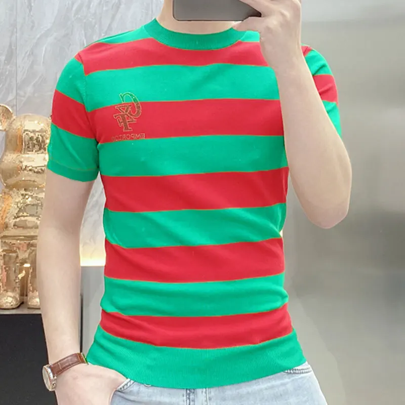 

Summer New Contrasting StripesT Shirts Slim Fit Elastic Thin Breathable Men's Knitting Short Sleeve Ice Silk Tee Men's