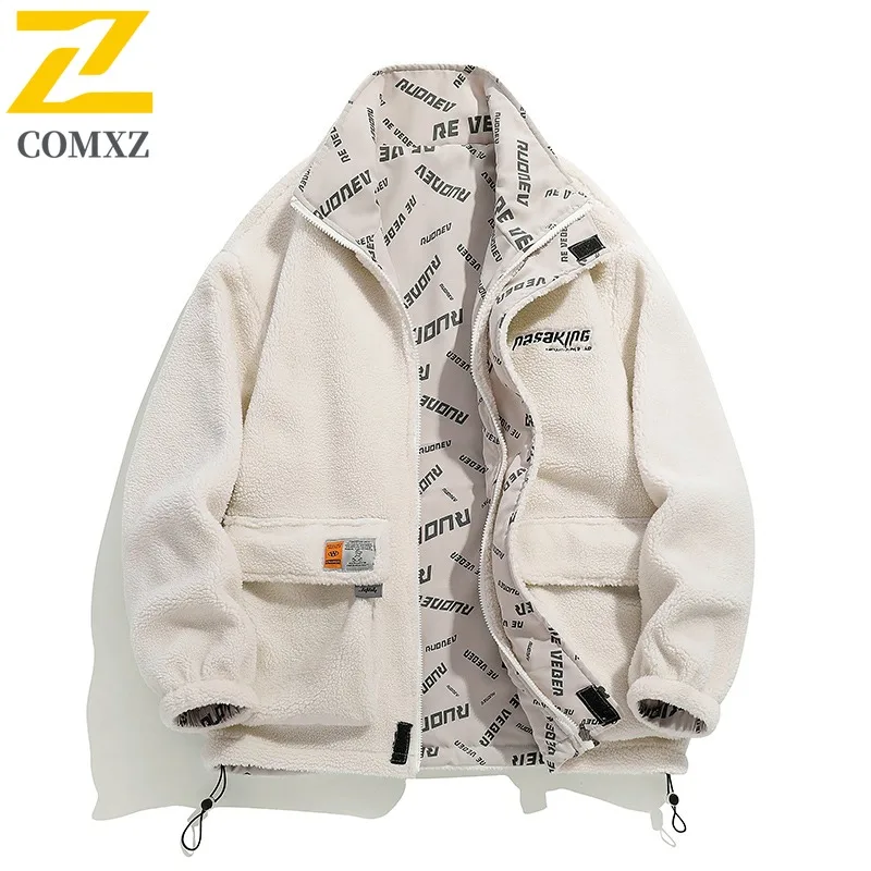 COMXZ Lamb Wool Fleece Jacket Winter Wear on Both Sides Cardigan Jackets Stand Collar Design Outdoor Travel Windproof Clothing