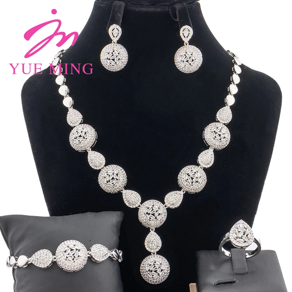 YM Zircons Jewelry Sets Gorgeous Zirconia White Sliver Color Round Wedding Bridal Necklace Earrings Party Jewelry Bracelet Ring