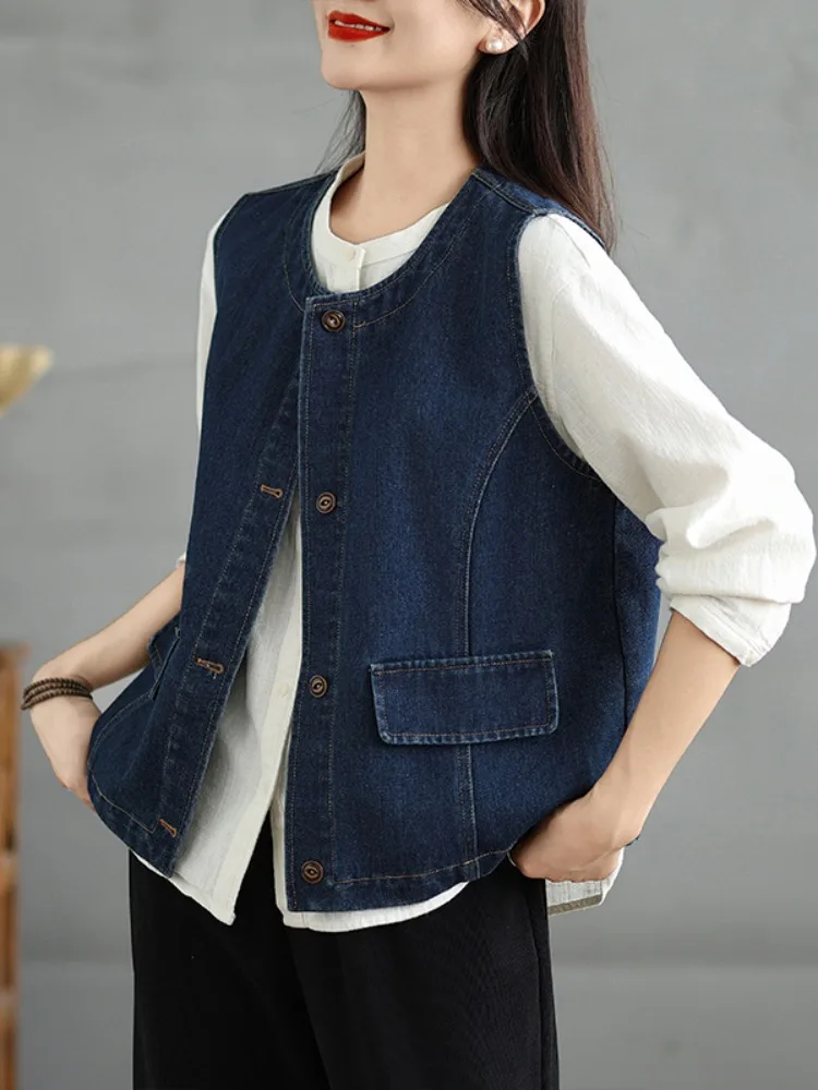Retro Japanese Style Women's Denim Vest Autumn Outerwear Loose Casual Short Size Vest Layering Top Cotton Lined round Neck