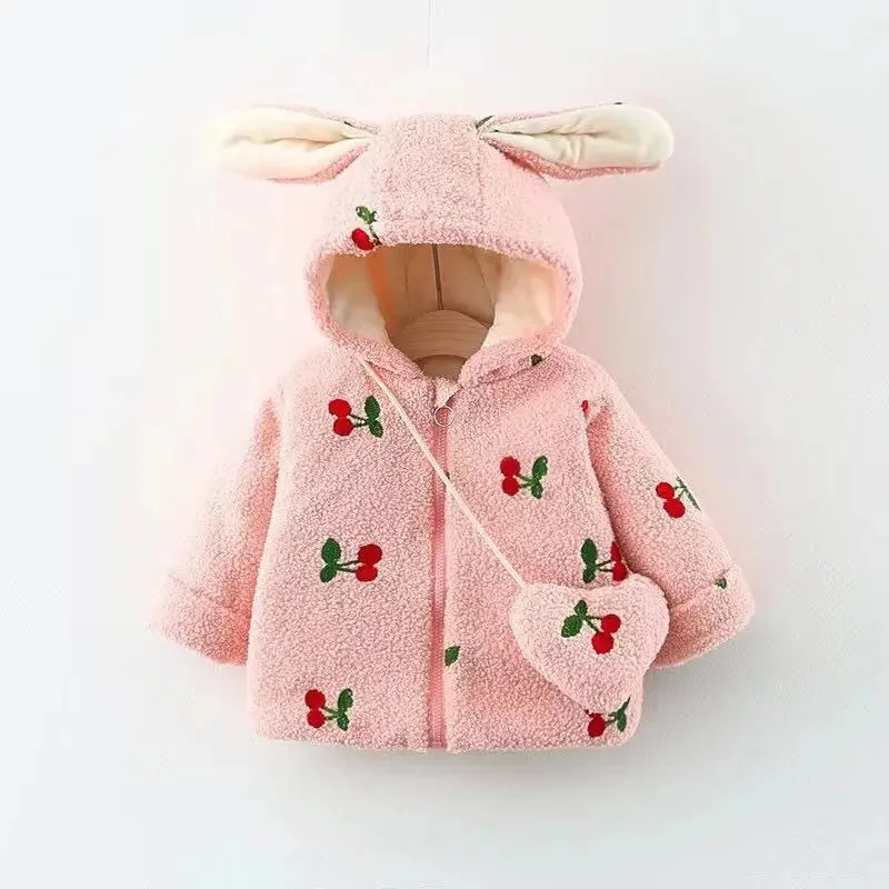 Kawaii 1-3 Years Newborn Baby Girls Winter Jacket Thick Plus Velvet Hooded Toddler Coat For Kids Children's Outdoor Clothing