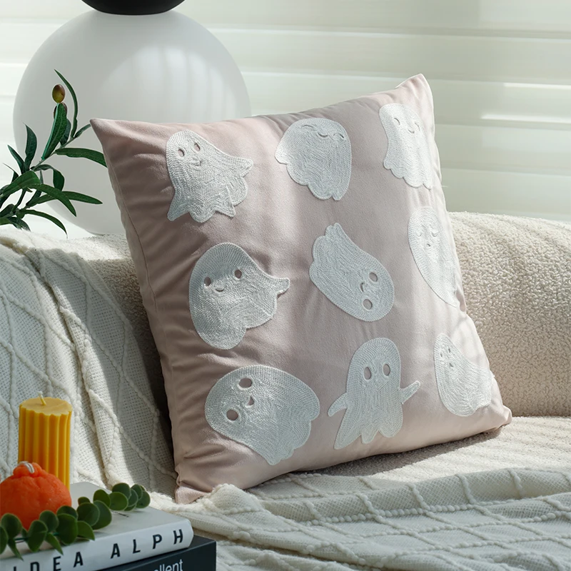 

Velvet 45x45cm Cushion Cover Halloween Ghost PInk|Orange Plush Embroidery Decorative Throw Pillow Cover For Living Room, Bedroom