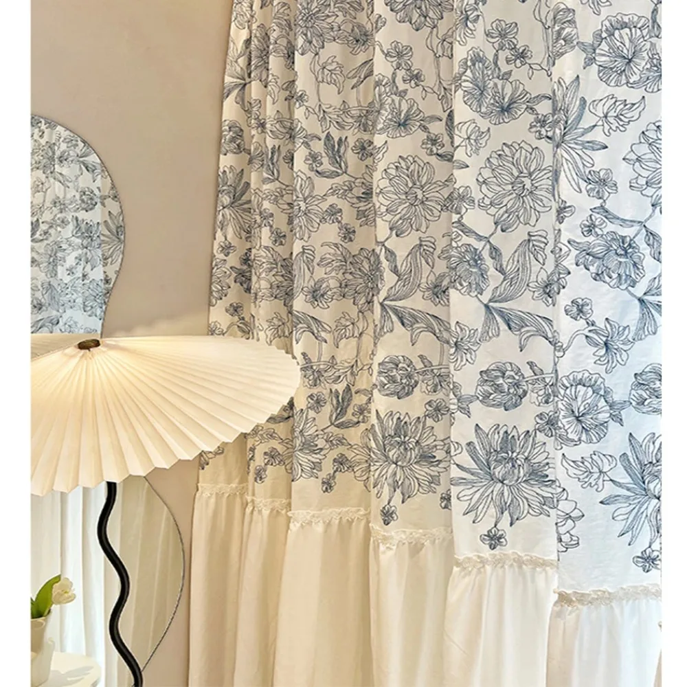 Korean Rufffle Embroidery Curtains Road Pocket Shade Curtain Floral for Kitchen Bedroom Living Room Bay Window Cabinet Curtain