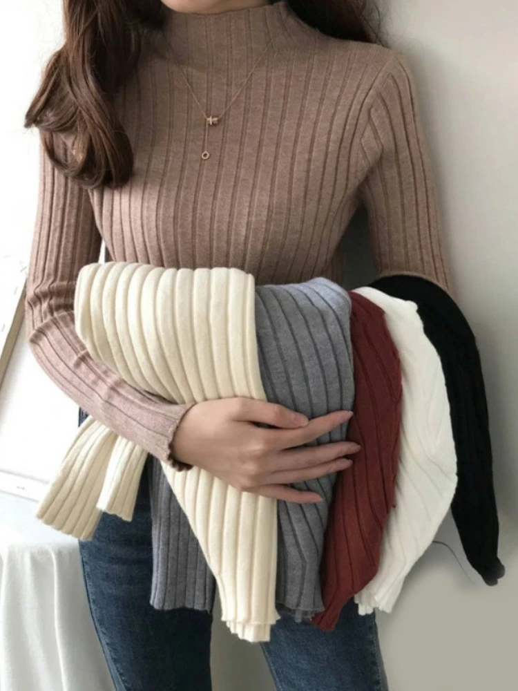 

New in Autumn Winter Knitted Women Pullover Long Sleeve Tops Half High Collar Ribbed Pull Sweater Soft Warm Femme Jumper Clothes