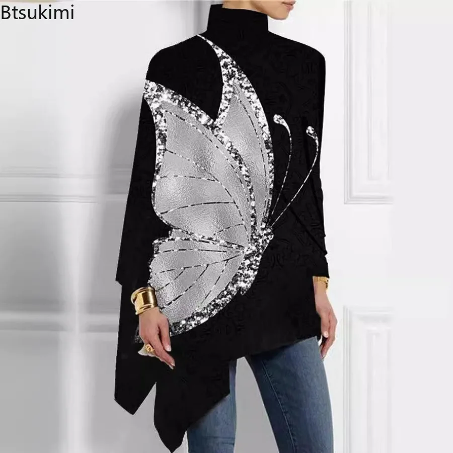 Elegant Print Irregular Hem Womens Korean Long Sleeve Blouse Female Spring Autumn Comfortable Loose Casual High Neck Base Shirt