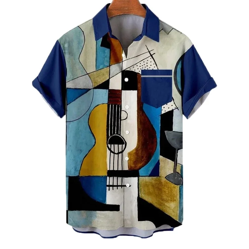 

New 2025 Summer Men's Hawaiian Men's Shirt Music Guitar Printed Top Fashion Casual Rock Shirt Linen S-5XL