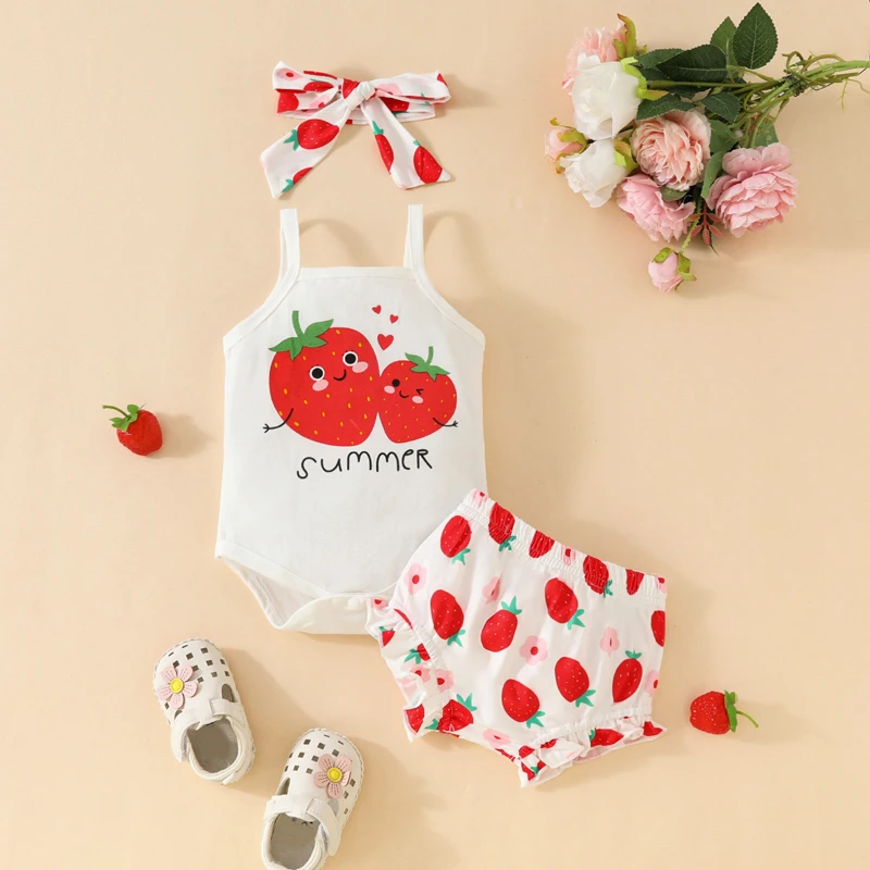 Baby Girl Summer Clothes Strawberry Print Sleeveless Romper and Elastic Shorts Headband Set 3 Piece Outfits