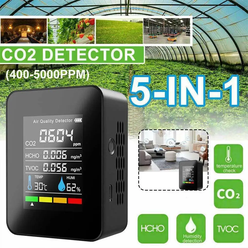 Air Quality Monitor 5 in 1 Indoor CO2 Detector Formaldehyde HCHO TVOC Tester LCD Temperature Humidity Tester Alarm CO2 Meter