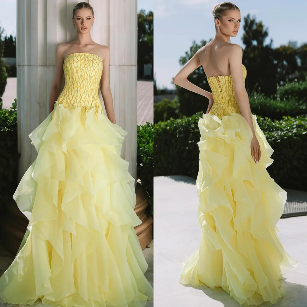 

Customized Exquisite Simple Organza Sequined Pleat A-line Strapless Long Dresses Bespoke Occasion Formal