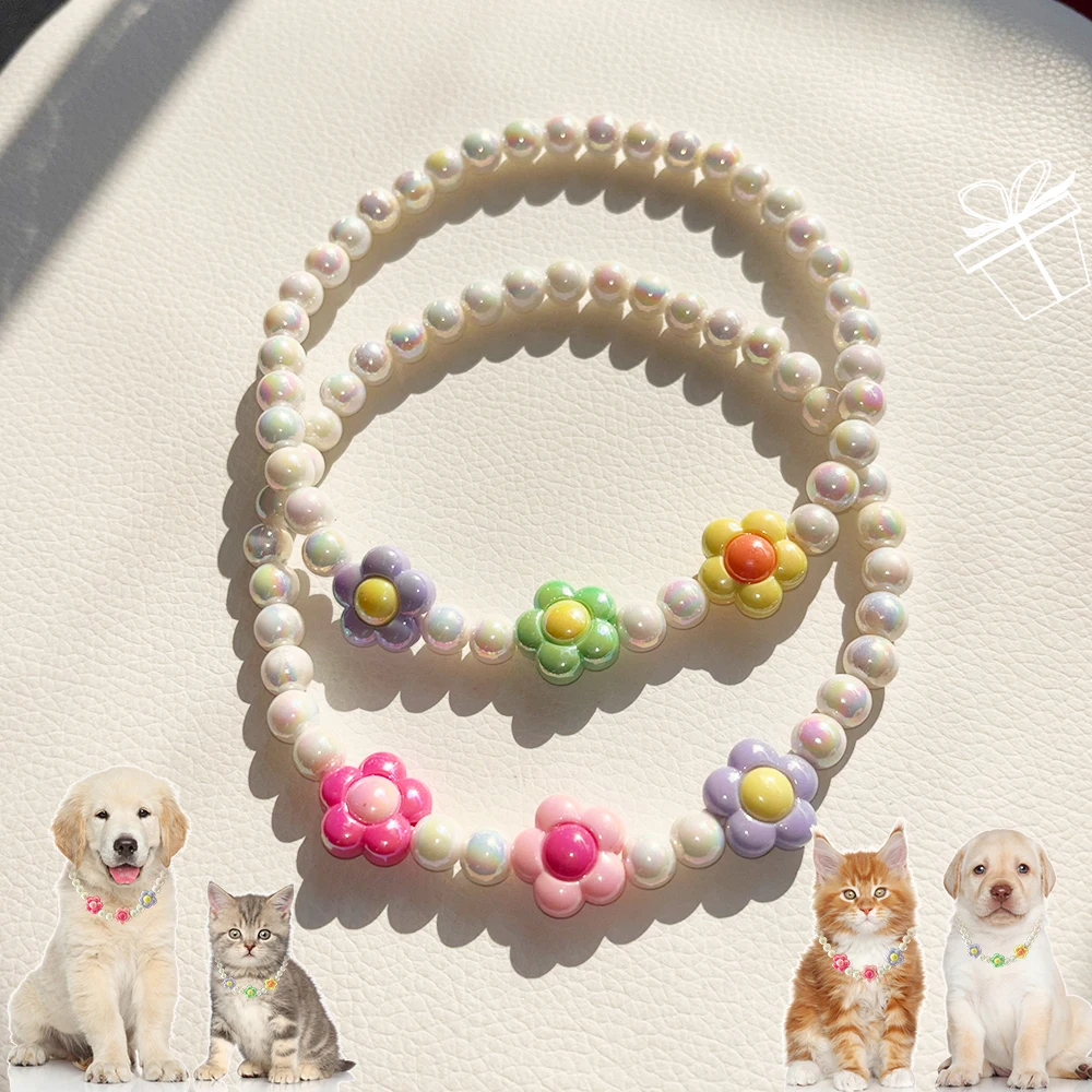 

Adorable Flower Beaded Pet Dog Cat Collar Necklace Plastic Pearl Jewelry Lightweight Cute Floral Pet Accessories for Daily Wear