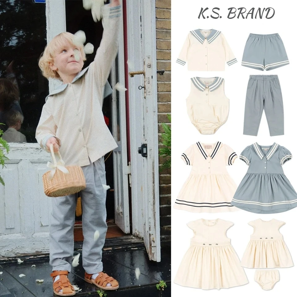 

2025 KS, летние темно-синие футболки для маленьких мальчиков, брюки, шорты, комплекты детской хлопковой одежды, платья в консервативном стиле для девочек, комбинезон, брюки, От 1 до 9 лет