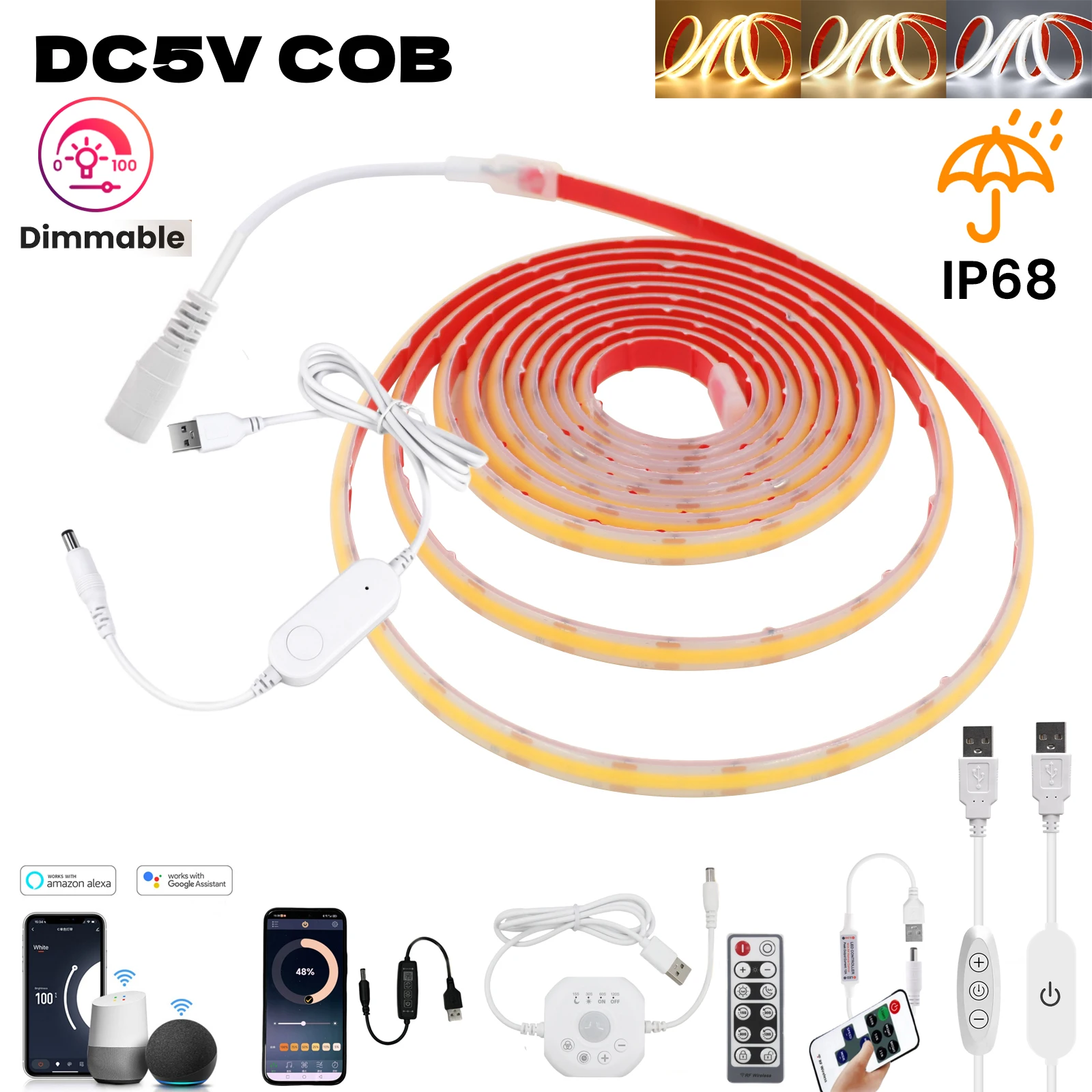 

IP68 Водонепроницаемая светодиодная лента COB с регулируемой яркостью 5 В, высокая яркость, 320 светодиодов/м, гибкая светодиодная лента высокой плотности с диммером для домашнего декора