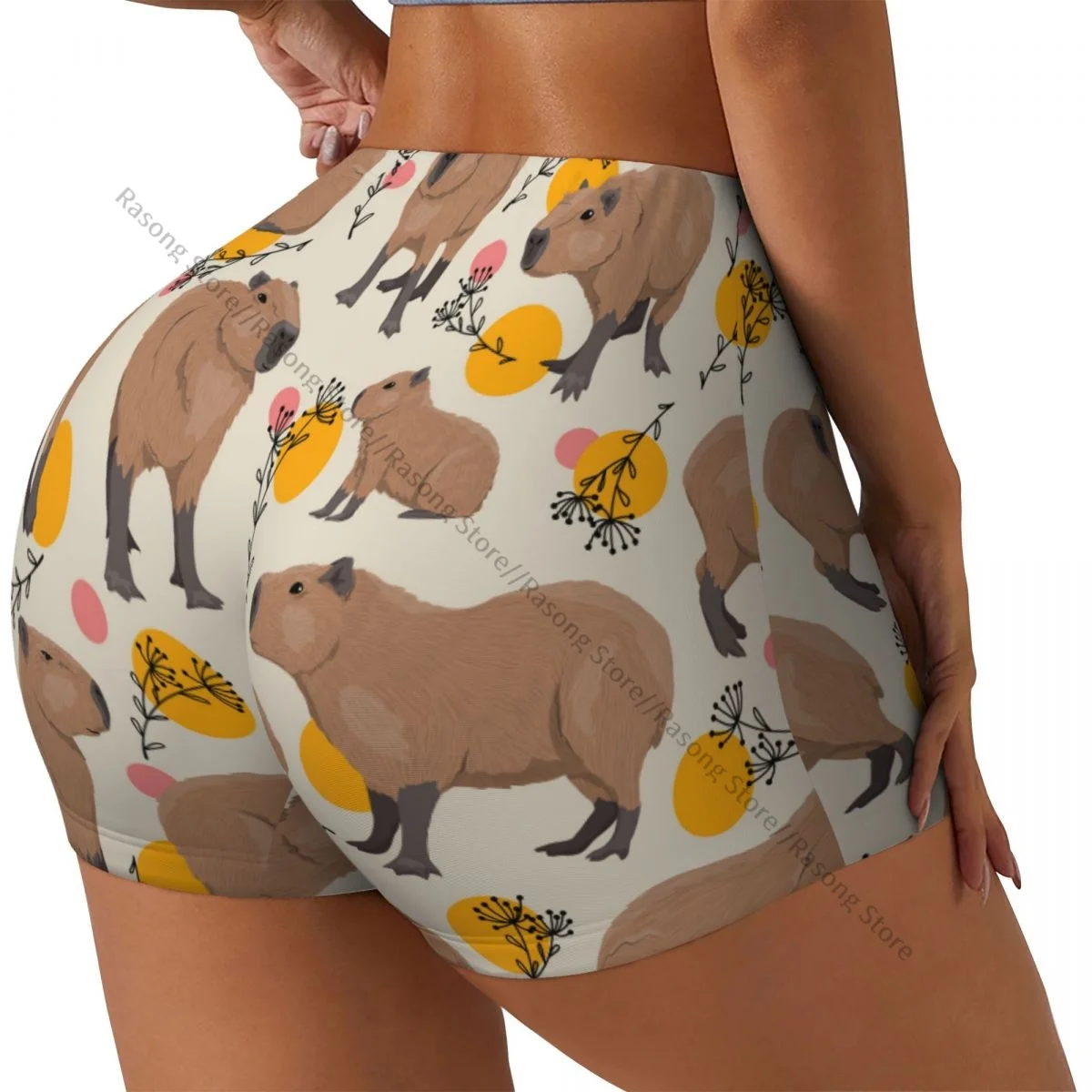 Women's Yoga Shorts Capybaras Plants And Circles Scrunch Booty Butt Lifting Comfort Fitness Gym