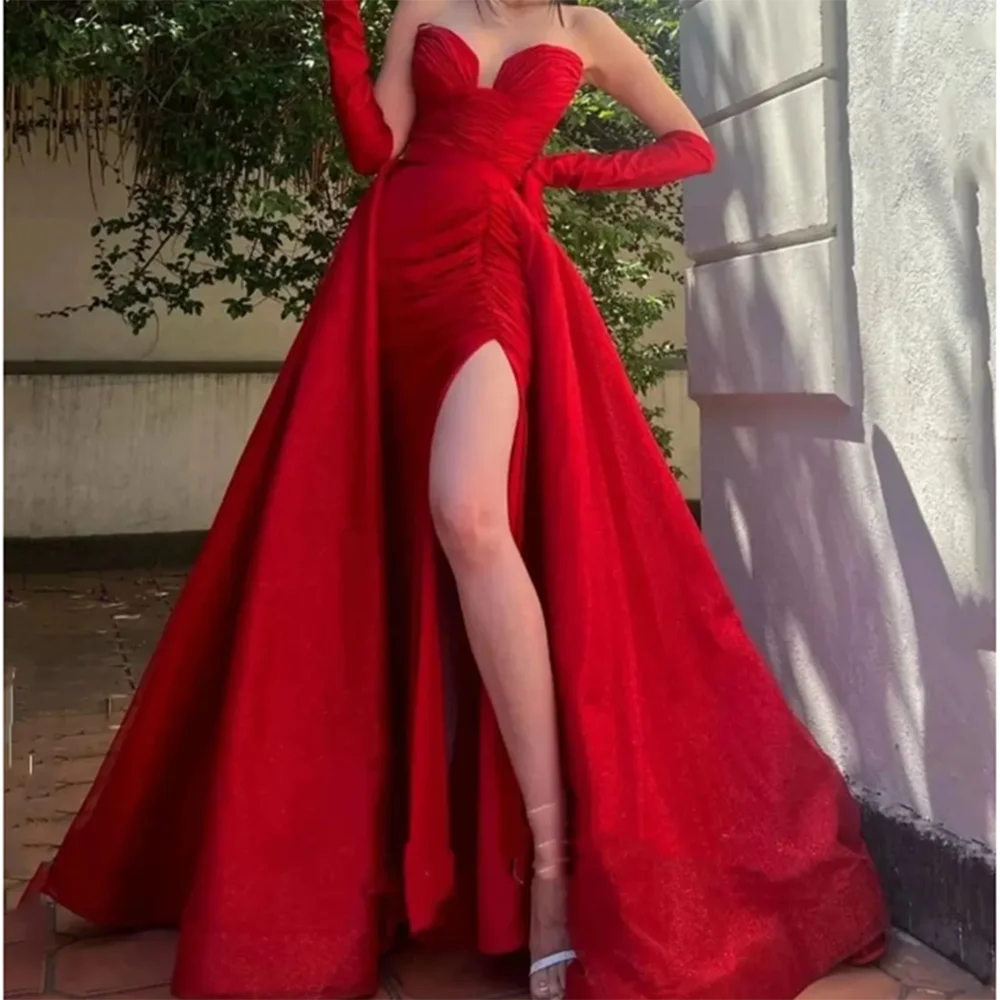Bright Red Women Prom Dress Exquisite Sexy Side Split A-Line Floor Length Sleeveless Sweetheart Banquet Cocktail Vestidos