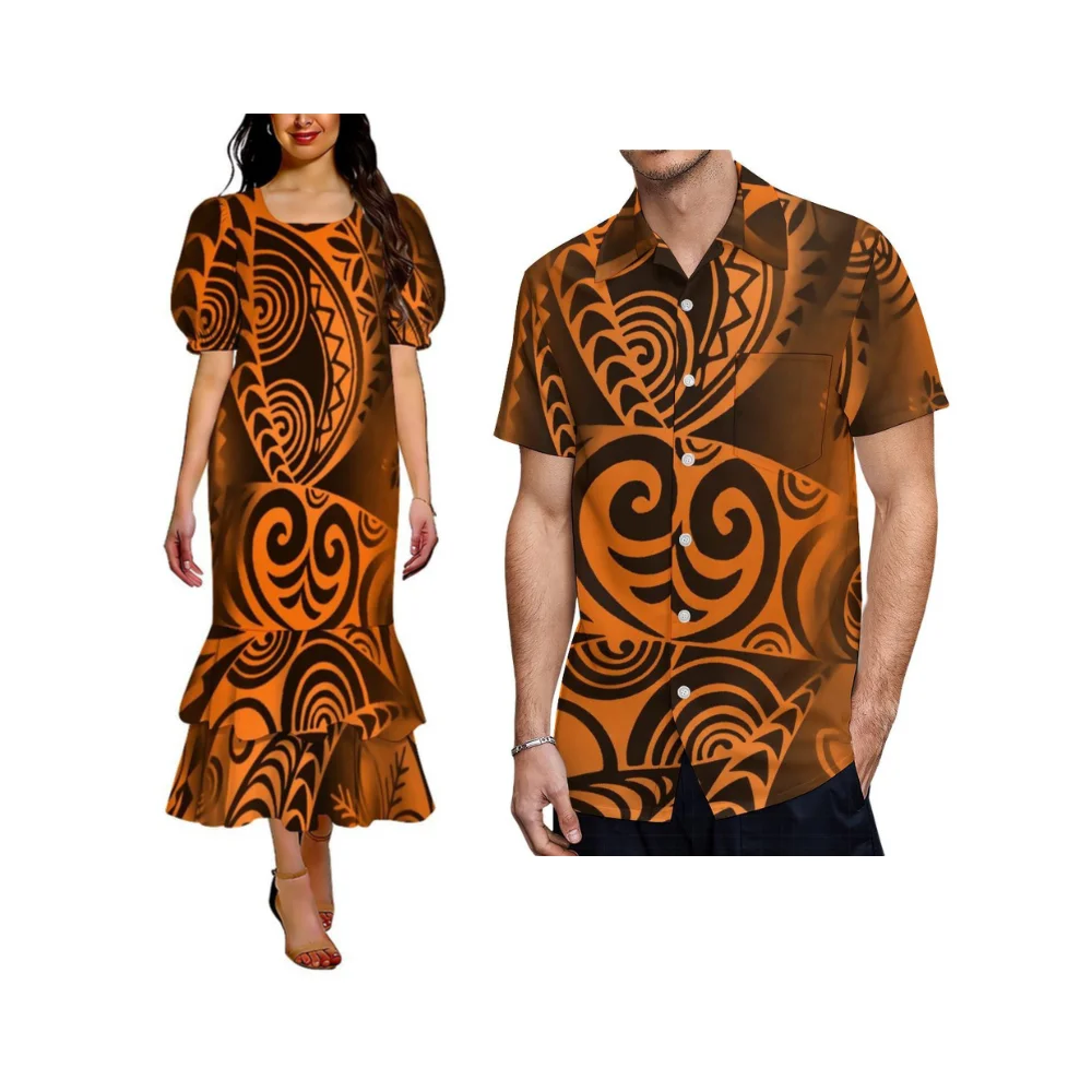Wholesale And Custom Floral Printed Pattern Couple'S Wear Polynesian Mumu Puffed Sleeve Double-Layer Fishtail Skirt