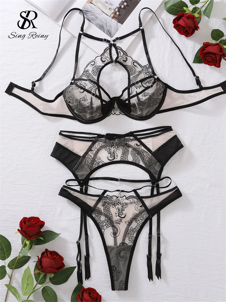 

SINGREINY Female Embroidery Porno Bra Suits Fashion Garter Slim Shapewear Women Sheer Spliced Hollow Out Underwear 3 Pieces Sets