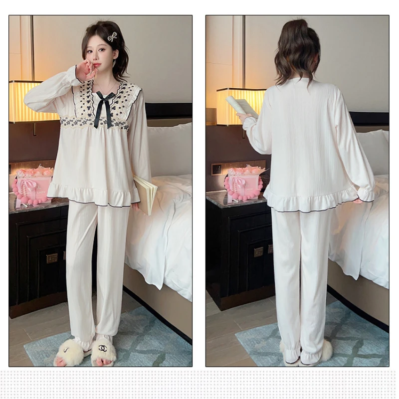 M-5XL женские пижамы больших размеров с нагрудными подушечками, одежда для сна в стиле принцессы, весенние хлопковые брюки с длинными рукавами, свободная домашняя одежда