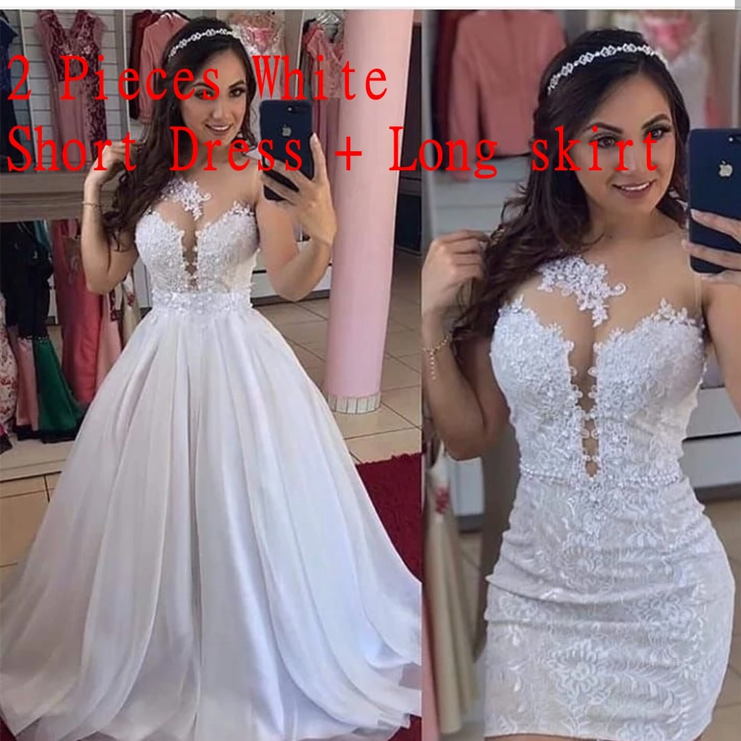 Two Pieces Wedding Dresses Detachable Train Sheath Illusion Lace 2 in 1 Bridal Gowns With Pearls Vestidos de novia