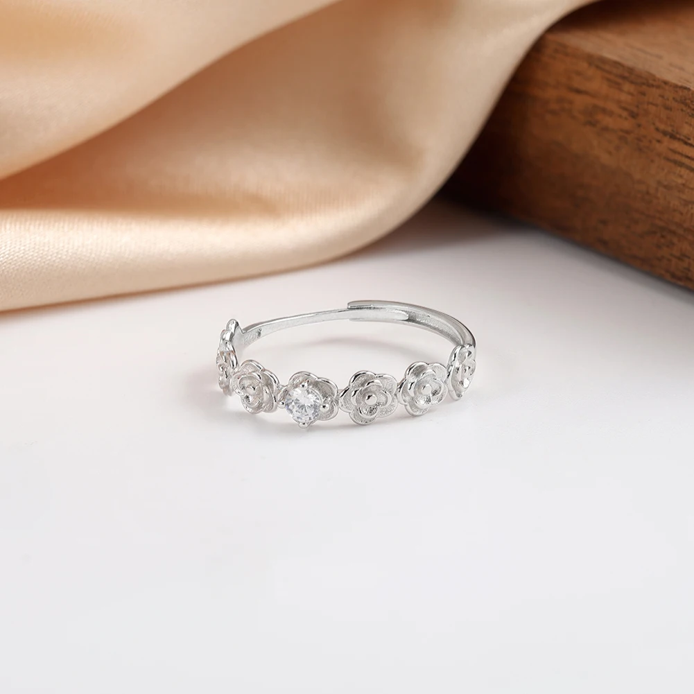 قبلة ماندي S925 الفضة لامعة الزركون الزهور قابل للتعديل الدائري للنساء الفتيات زهرة خاتم جميل حساسة هدايا مجوهرات APR41 #3