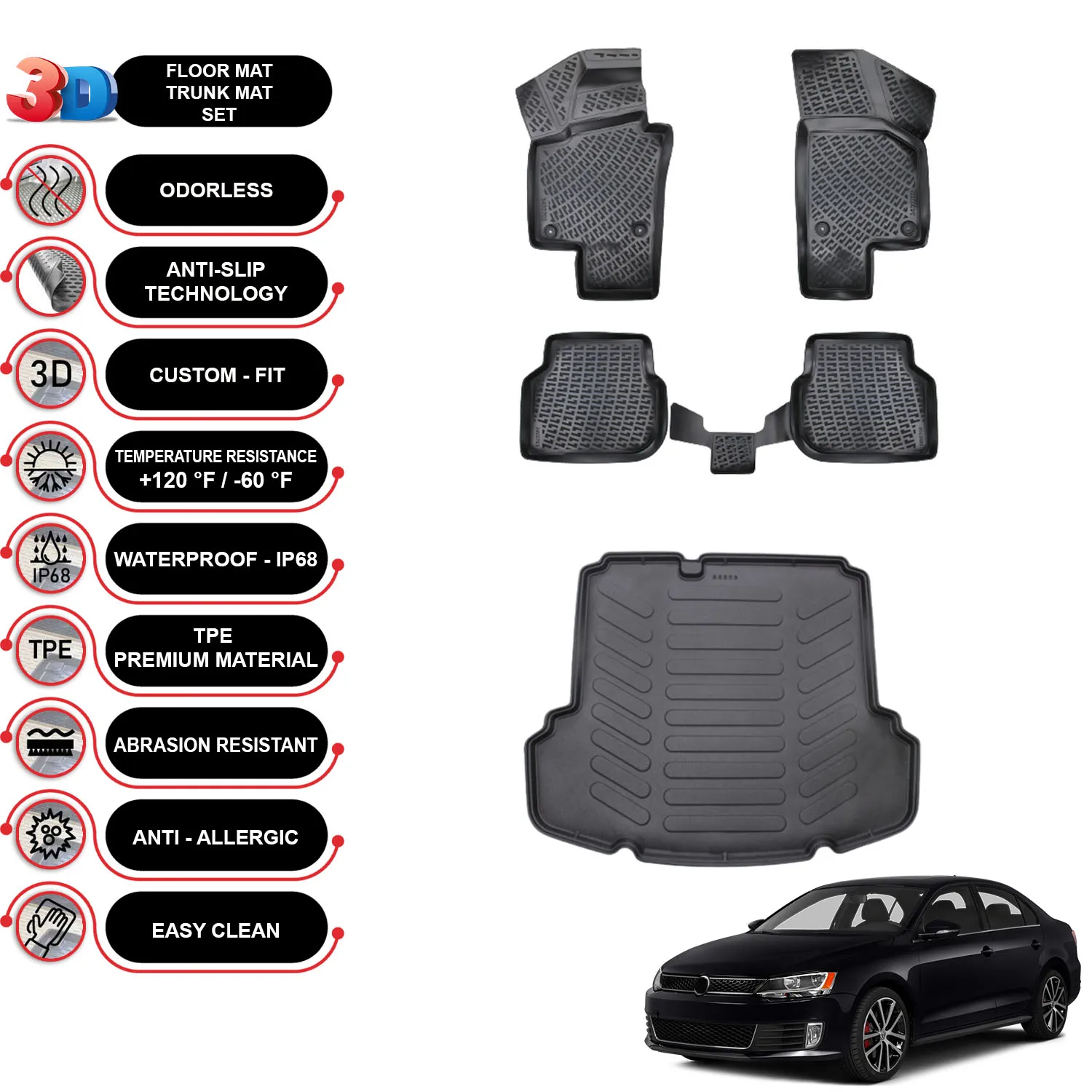 Volkswagen Jetta - (2011-2018) - Floor Mats + Cargo Trunk Liner - SET - (Black)