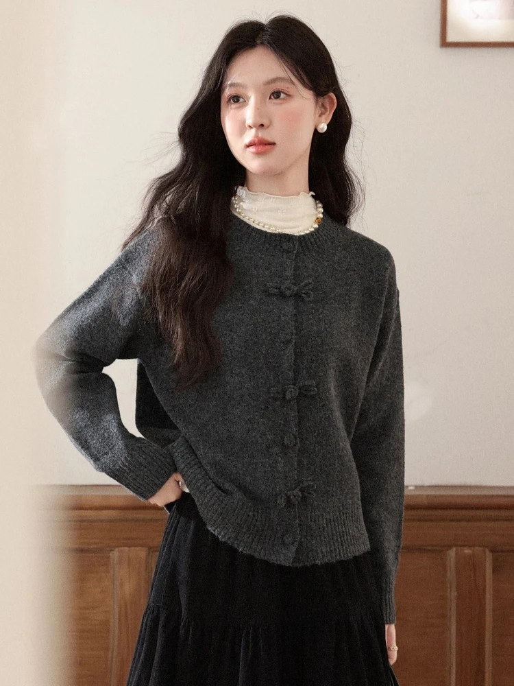 ALXNAN femmes tricoté Cardigan 2025 col rond grenouille boutons élastique respirant tricots décontracté femme à manches longues hauts L58907