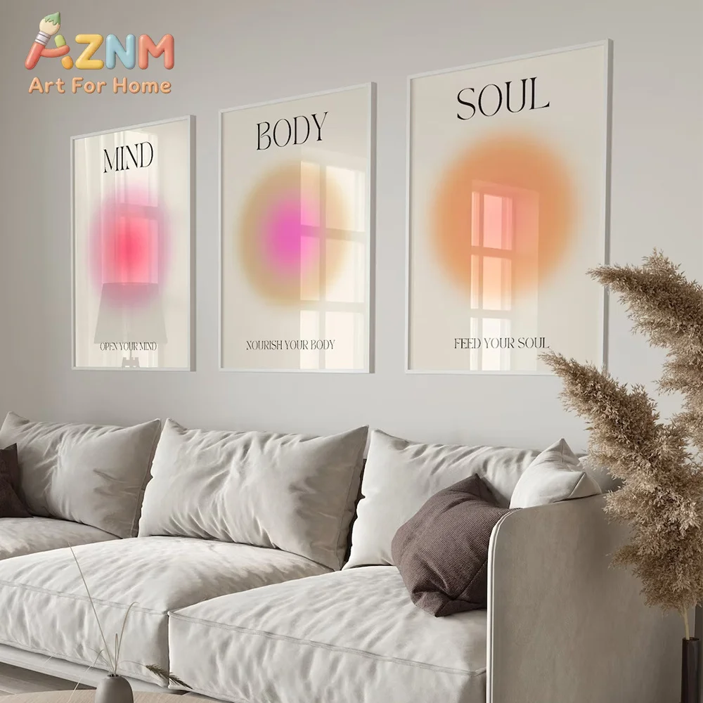 Aura Gradient Wall Art Set of 3, Mind Body Soul Canvas Prints, Spiritual Positive Affirmation Poster, Unframed Living Room Home