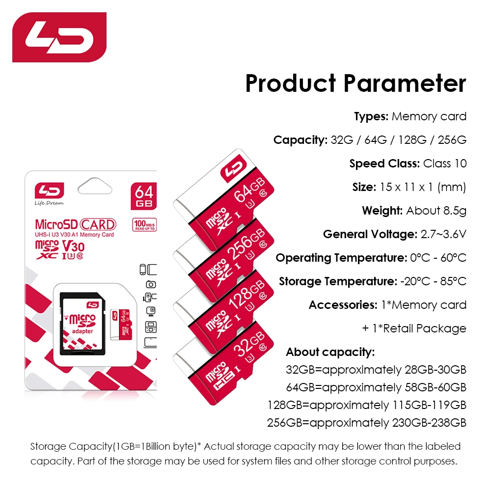 بطاقة SD صغيرة LD U3 بطاقة SD صغيرة 32 جيجابايت 64 جيجابايت 128 جيجابايت 256 جيجابايت 512 جيجابايت عالية السرعة للكتابة لكاميرا الهاتف