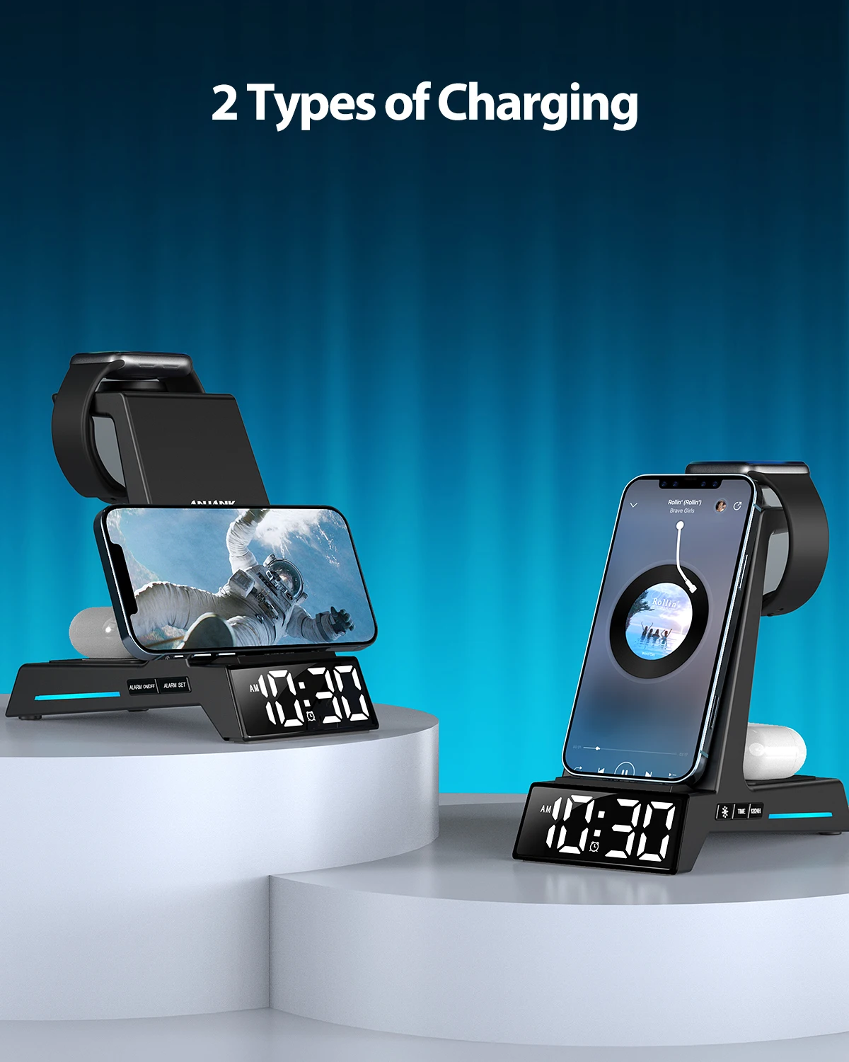 ANJANK Wireless Charging Station-4 in 1 Wireless Charger Alarm Clock,Charging Stand Dock for iPhone/AirPods/Apple Watch