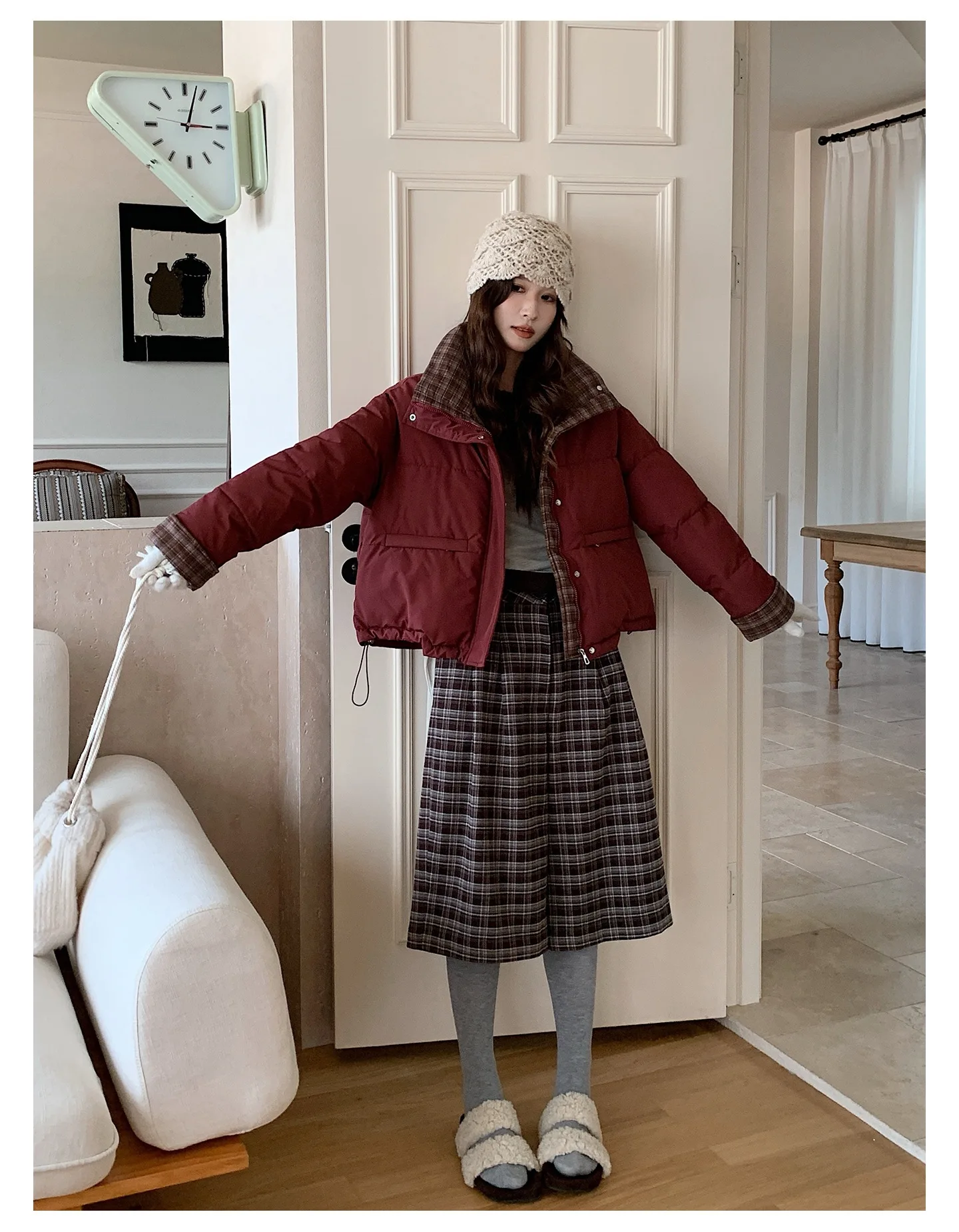 American Plaid Patchwork Puffer Jacket Women Winter Thick Stand Collar Short Parkas Woman Korean Casual Preppy Style Outerwear
