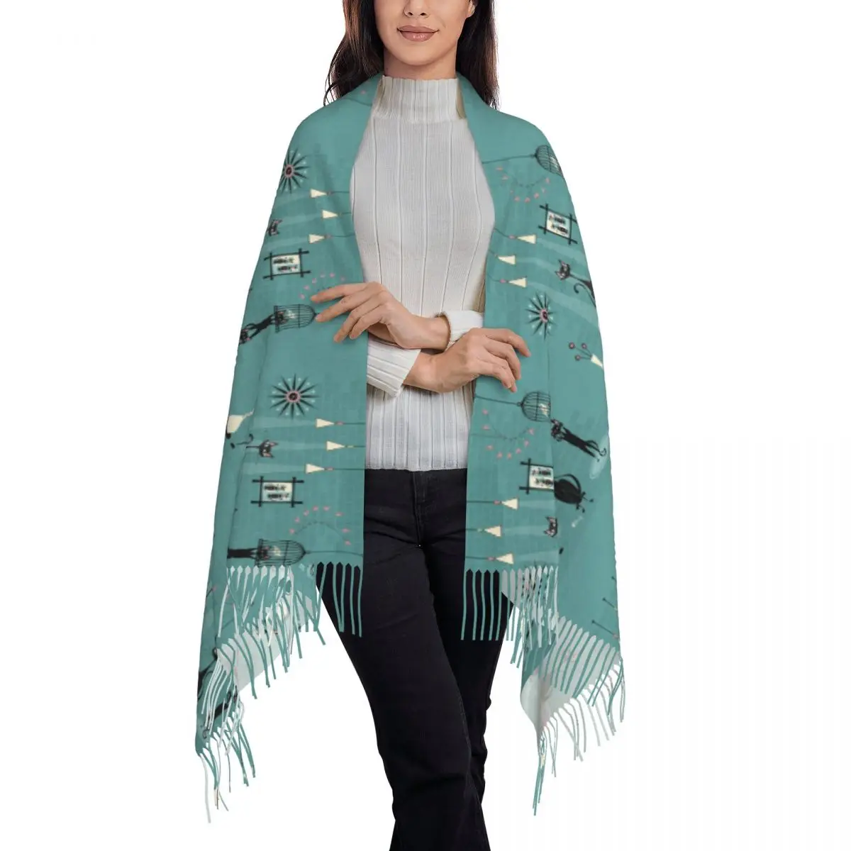 Озорный шарф середины века с принтом черных кошек для мужчин и женщин, зима-осень, теплые шарфы, абстрактные геометрические шали, накидки